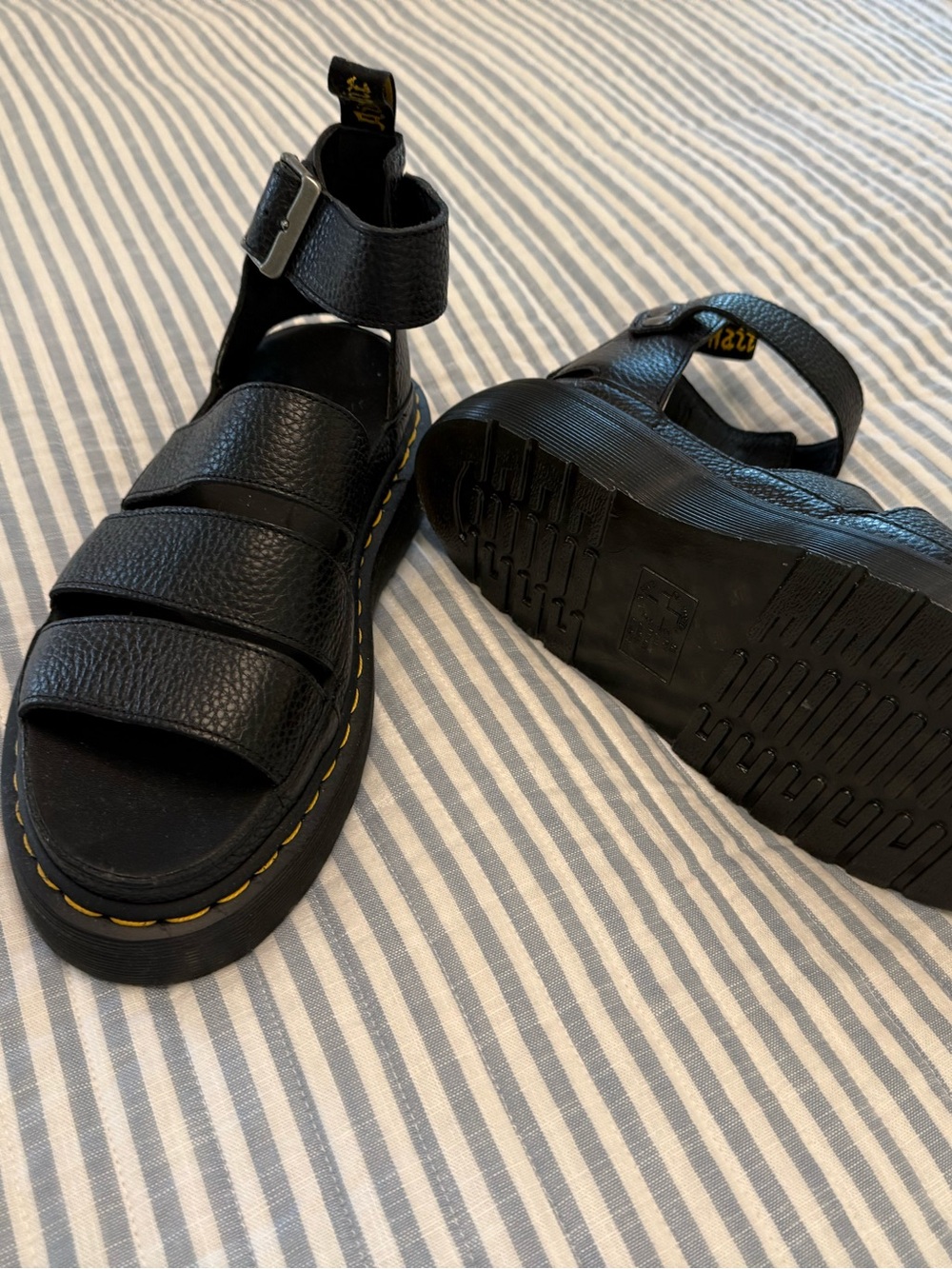 Dr. Martens Black Leather Platform Fisherman Sandals with Yellow Stitching